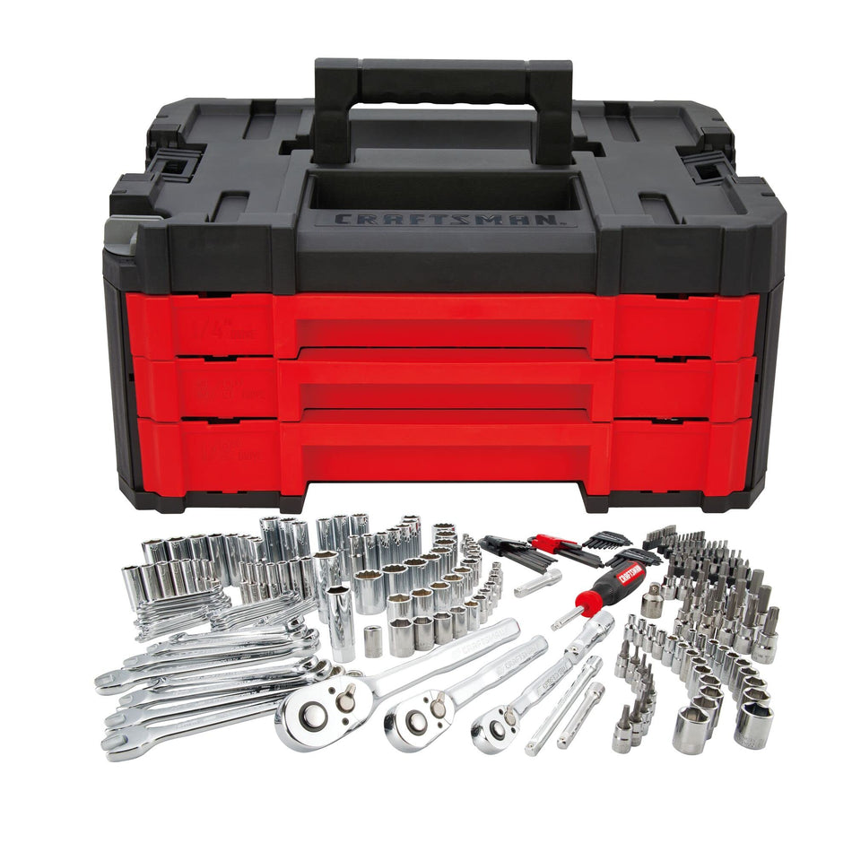 CRAFTSMAN 230 Pcs Mechanics Tool Set, Socket Wrench Set, Car Tool Kit with VERSASTACK Toolbox, SAE and Metric,1/4 in, 3/8 in, and 1/2 Drive, Short and Long Arm Hex Keys (CMMT45306)
