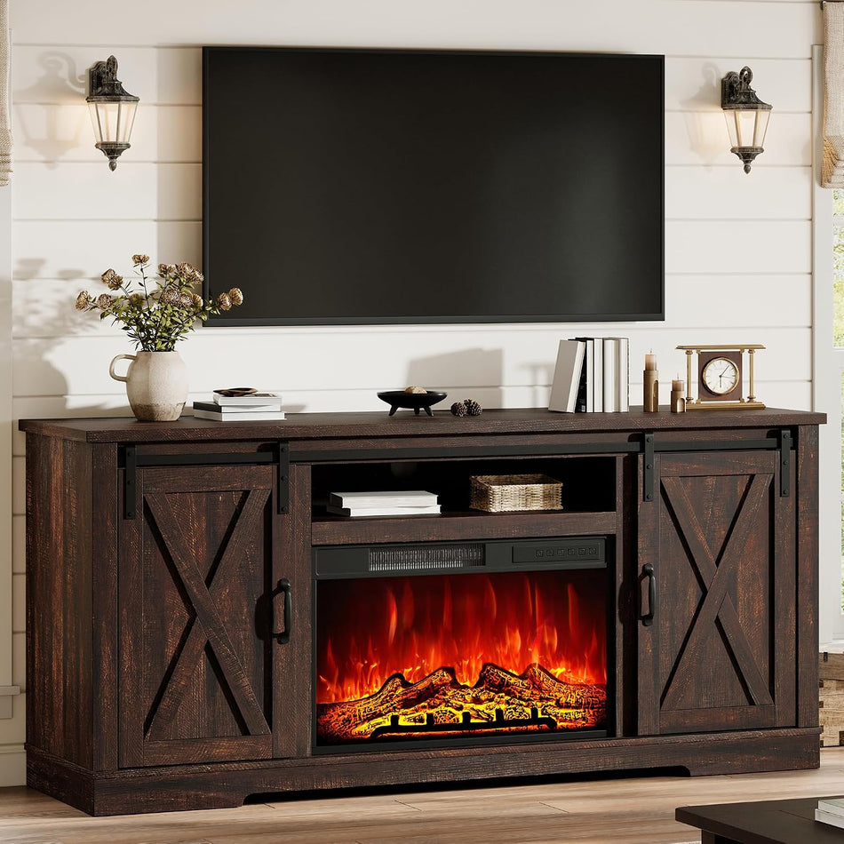 AMERLIFE Fireplace TV Stand with Sliding Barn Door for TVs up to 75"