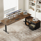 OffiGo 55" L Shaped Electric Standing Desk with Cabinet Sets, Walnut/Black