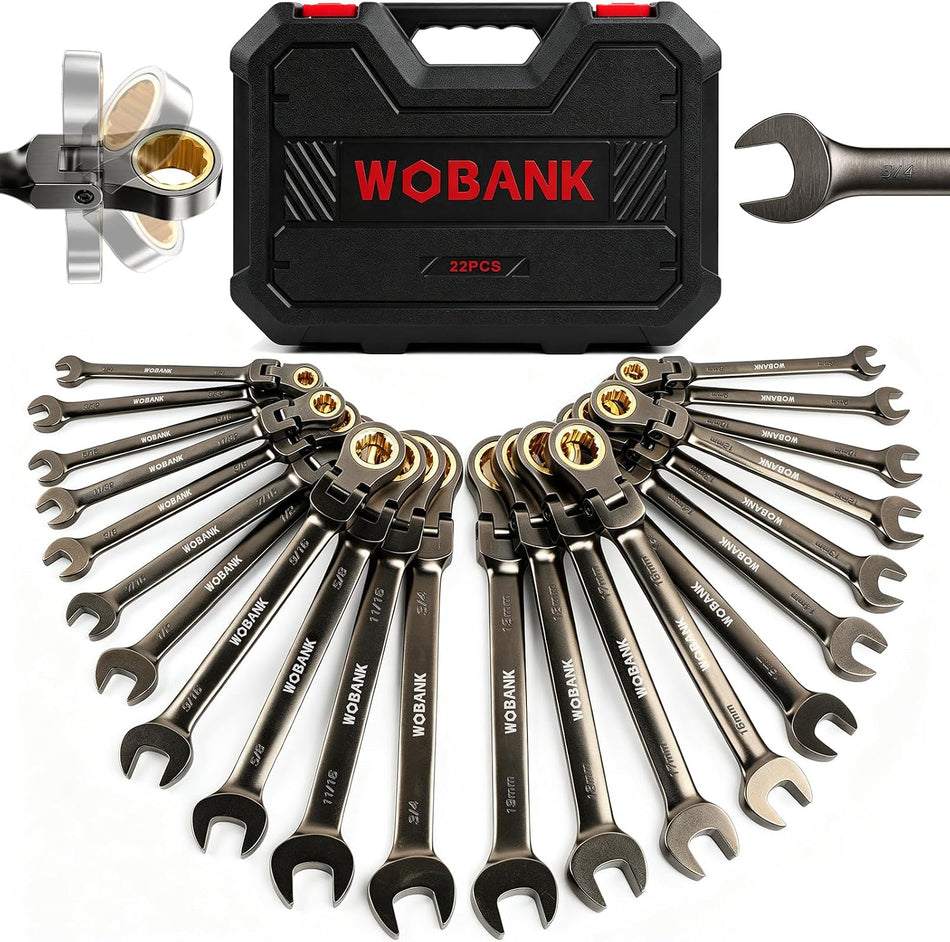 22-Piece Ratcheting Wrench Set, Flex Head Combination Wrenches Set with Organizer Box, Metric 8-19mm and SAE 1/4" to 3/4" Size, 12 Points 72-Teeth, Nickel Plating