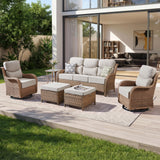Luxury Swivel Rocker Chairs Fire Pit Set with 6" Thick Cushion 10 piece Wicker Outdoor Patio Chair with Sofa and Ottoman,Comfortable High Back Outdoor Patio Furniture Set - Brown | Gray