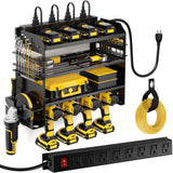 POKIPO Large Power Tool Organizer Wall Mount with Charging Station,4 Layer Heavy Duty Metal Tool Storage Rack Loads 600lbs with 8 Cordless Drill Holder,Battery Utility Rack Loads with 4 Power Strip