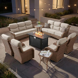 Luxury Swivel Rocker Chairs Fire Pit Set with 6" Thick Cushion 10 piece Wicker Outdoor Patio Chair with Sofa and Ottoman,Comfortable High Back Outdoor Patio Furniture Set - Brown | Gray