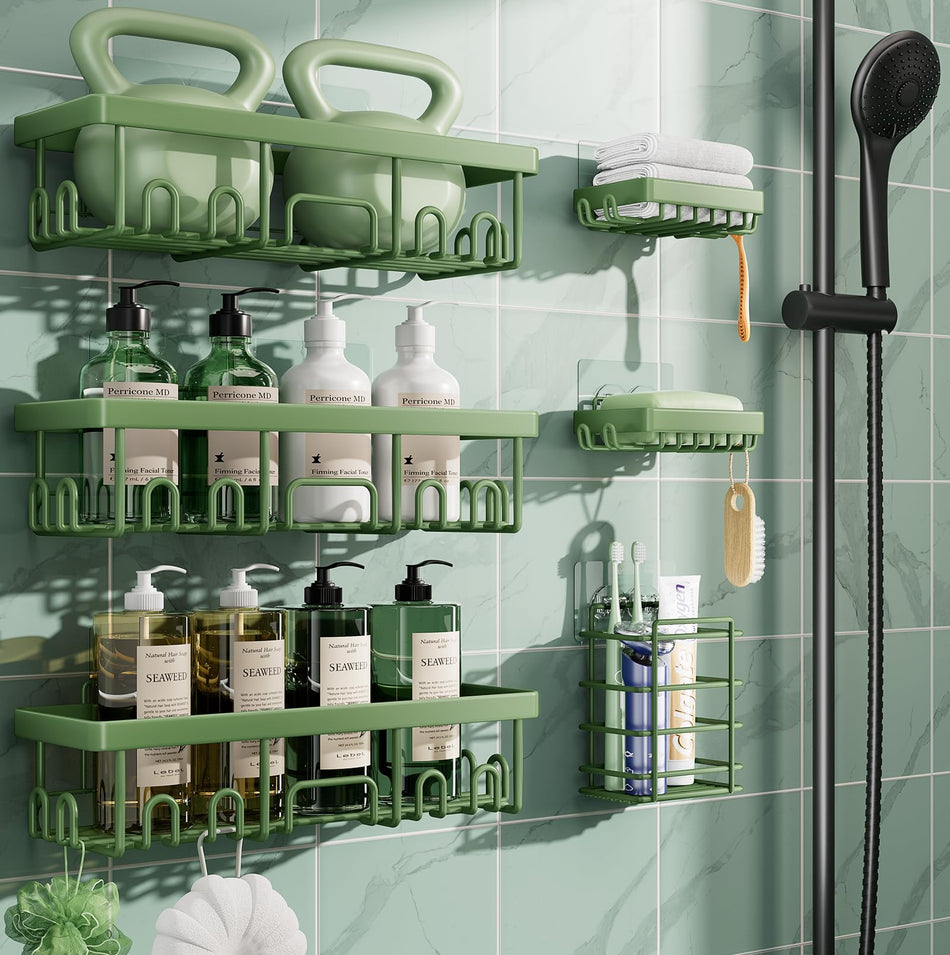 Veken Rustproof & Waterproof Shower Caddy 6-Pack, No Drilling Adhesive Shelves Rack with Soap Holder, Large Capacity Bathroom Organizers and Storage, Wall-Mounted Kitchen & Home Decor