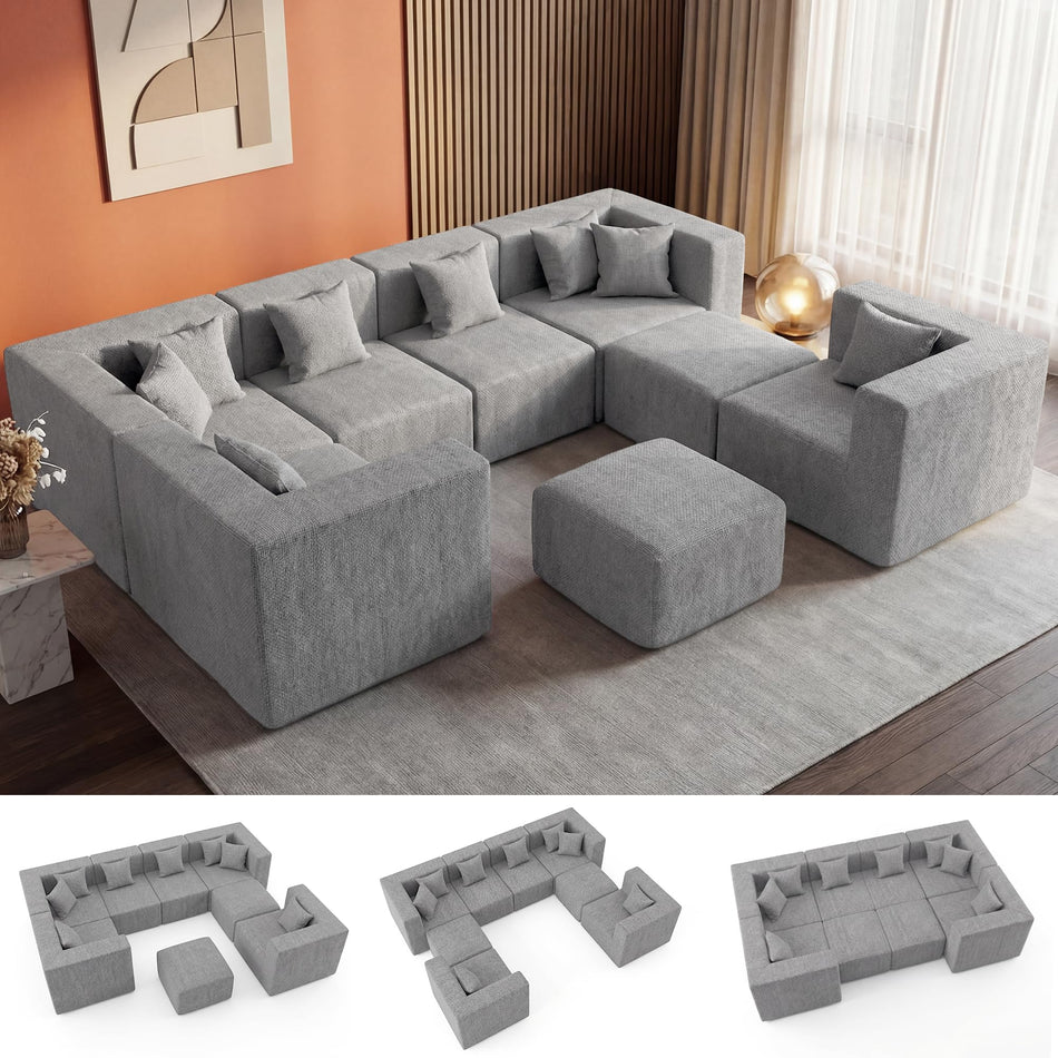 MONVANE Modular Sectional Cloud Couch for Living Room - 130'' 6 Seater Convertible Chenille Couches Set with Ottoman, No Assembly Compression Sofas, Comfy Floor Sofa with Memory Foam, Grey