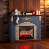80" Fireplace TV Stand with Mantel, Navy Blue Entertainment Center with Brown Wood-Look Top & Gold Carved Accents, 30" Electric Fireplace Insert with Red Brick Interior, Fits up to 90" TVs