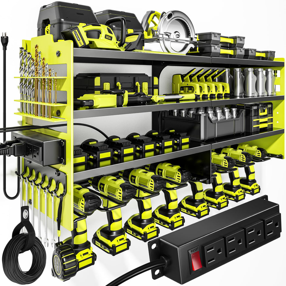 POKIPO Large Power Tool Organizer Wall Mount with Charging Station,4 Layer Heavy Duty Metal Tool Storage Rack Loads 600lbs with 8 Cordless Drill Holder,Battery Utility Rack Loads with 4 Power Strip