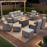 Luxury Swivel Rocker Chairs Fire Pit Set with 6" Thick Cushion 10 piece Wicker Outdoor Patio Chair with Sofa and Ottoman,Comfortable High Back Outdoor Patio Furniture Set - Brown | Gray