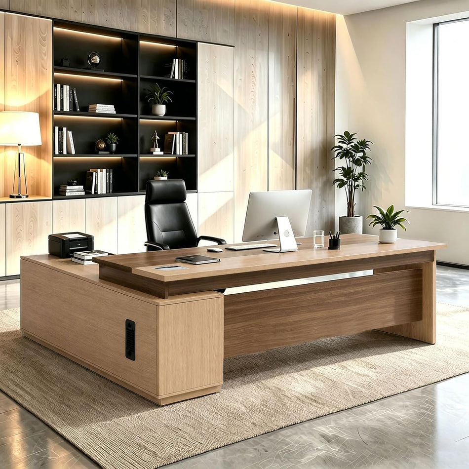 L Shaped Executive Desk with Drawers, Large Wood Workstation, Modern Executive Office Furniture for Home Office and Business Workspace, Multiple Sizes & Colors