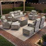 Luxury Swivel Rocker Chairs Fire Pit Set with 6" Thick Cushion 10 piece Wicker Outdoor Patio Chair with Sofa and Ottoman,Comfortable High Back Outdoor Patio Furniture Set - Brown | Gray