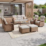 Luxury Swivel Rocker Chairs Fire Pit Set with 6" Thick Cushion 10 piece Wicker Outdoor Patio Chair with Sofa and Ottoman,Comfortable High Back Outdoor Patio Furniture Set - Brown | Gray