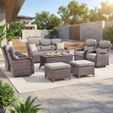 Luxury Swivel Rocker Chairs Fire Pit Set with 6" Thick Cushion 10 piece Wicker Outdoor Patio Chair with Sofa and Ottoman,Comfortable High Back Outdoor Patio Furniture Set - Brown | Gray