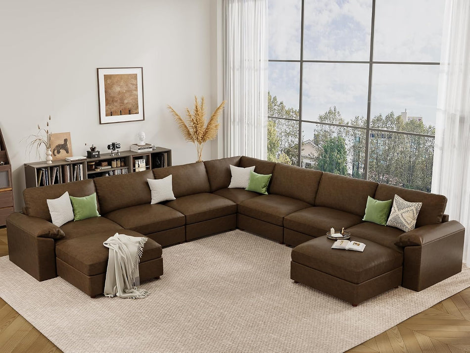 EASE MOOSE Modular Sectional Sofa, Leather Sectional Couch, Deep Brown