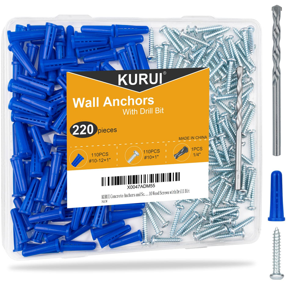 KURUI Drywall Anchors Assortment Kit for Sheetrock Concrete Brick, 350Pcs Wall Anchors and Flat Head Screws, 5 Sizes Picture Hanging Set for Bedroom/Office Wall Art Decor, House Warming Gifts New Home