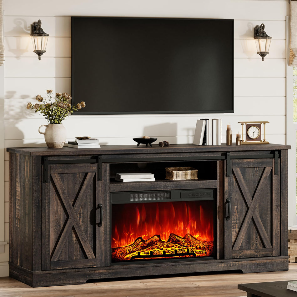 AMERLIFE Fireplace TV Stand with Sliding Barn Door for TVs up to 75"
