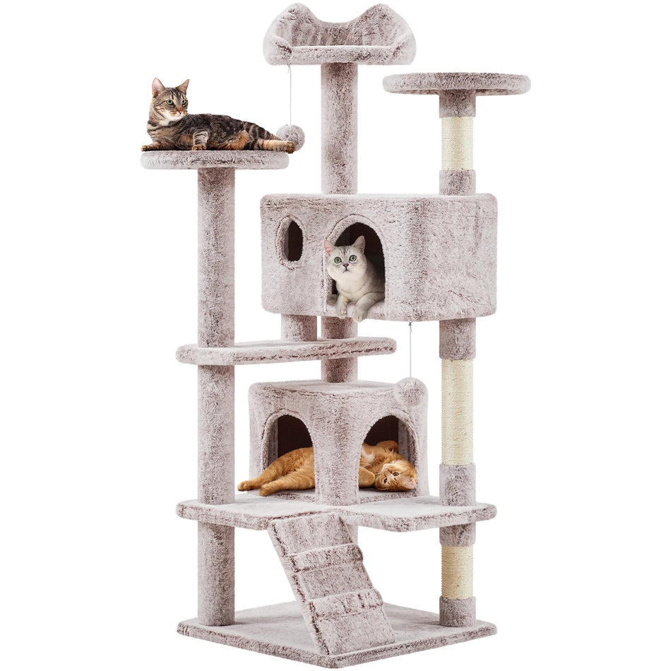 Yaheetech 54in Cat Tree, Multi-Level Cat Tower with Spacious Kitten-ear Perch, 2 Cozy Caves, Scratching Posts, Climbing Ladder, 2 Plush Balls, Durable Pet House Furniture for Indoor Kittens, Dark Gray