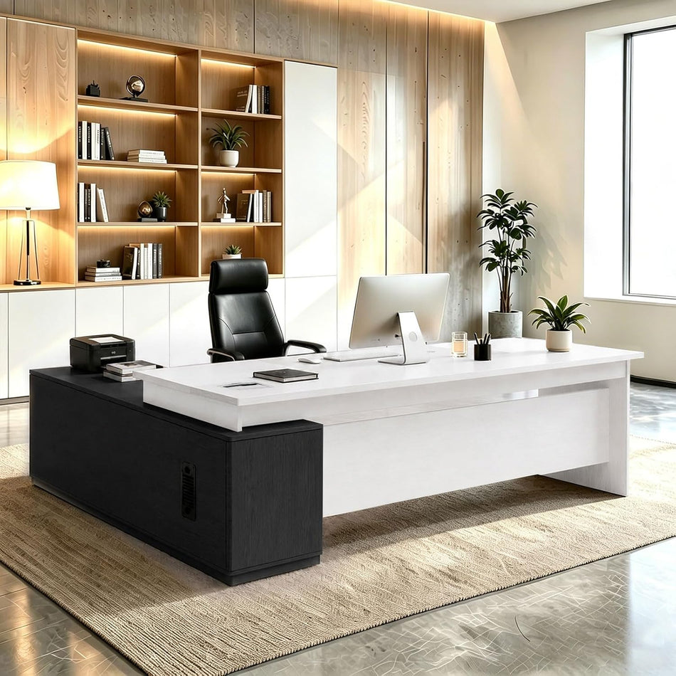 L Shaped Executive Desk with Drawers, Large Wood Workstation, Modern Executive Office Furniture for Home Office and Business Workspace, Multiple Sizes & Colors