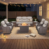 Luxury Swivel Rocker Chairs Fire Pit Set with 6" Thick Cushion 10 piece Wicker Outdoor Patio Chair with Sofa and Ottoman,Comfortable High Back Outdoor Patio Furniture Set - Brown | Gray