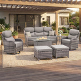 Luxury Swivel Rocker Chairs Fire Pit Set with 6" Thick Cushion 10 piece Wicker Outdoor Patio Chair with Sofa and Ottoman,Comfortable High Back Outdoor Patio Furniture Set - Brown | Gray
