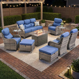 Luxury Swivel Rocker Chairs Fire Pit Set with 6" Thick Cushion 10 piece Wicker Outdoor Patio Chair with Sofa and Ottoman,Comfortable High Back Outdoor Patio Furniture Set - Brown | Gray