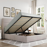 Allewie Queen Size Lift Up Storage Bed, Modern Wingback Headboard, Hydraulic Support, No Box Spring Needed, Light Beige