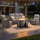 Luxury Swivel Rocker Chairs Fire Pit Set with 6" Thick Cushion 10 piece Wicker Outdoor Patio Chair with Sofa and Ottoman,Comfortable High Back Outdoor Patio Furniture Set - Brown | Gray