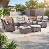 Luxury Swivel Rocker Chairs Fire Pit Set with 6" Thick Cushion 10 piece Wicker Outdoor Patio Chair with Sofa and Ottoman,Comfortable High Back Outdoor Patio Furniture Set - Brown | Gray