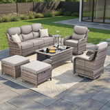 Luxury Swivel Rocker Chairs Fire Pit Set with 6" Thick Cushion 10 piece Wicker Outdoor Patio Chair with Sofa and Ottoman,Comfortable High Back Outdoor Patio Furniture Set - Brown | Gray