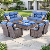 Luxury Swivel Rocker Chairs Fire Pit Set with 6" Thick Cushion 10 piece Wicker Outdoor Patio Chair with Sofa and Ottoman,Comfortable High Back Outdoor Patio Furniture Set - Brown | Gray