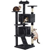 Yaheetech 54in Cat Tree, Multi-Level Cat Tower with Spacious Kitten-ear Perch, 2 Cozy Caves, Scratching Posts, Climbing Ladder, 2 Plush Balls, Durable Pet House Furniture for Indoor Kittens, Dark Gray