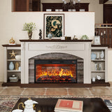 80" Fireplace TV Stand with Mantel, Navy Blue Entertainment Center with Brown Wood-Look Top & Gold Carved Accents, 30" Electric Fireplace Insert with Red Brick Interior, Fits up to 90" TVs