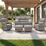 Luxury Swivel Rocker Chairs Fire Pit Set with 6" Thick Cushion 10 piece Wicker Outdoor Patio Chair with Sofa and Ottoman,Comfortable High Back Outdoor Patio Furniture Set - Brown | Gray