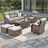 Luxury Swivel Rocker Chairs Fire Pit Set with 6" Thick Cushion 10 piece Wicker Outdoor Patio Chair with Sofa and Ottoman,Comfortable High Back Outdoor Patio Furniture Set - Brown | Gray