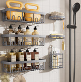 Veken Rustproof & Waterproof Shower Caddy 6-Pack, No Drilling Adhesive Shelves Rack with Soap Holder, Large Capacity Bathroom Organizers and Storage, Wall-Mounted Kitchen & Home Decor