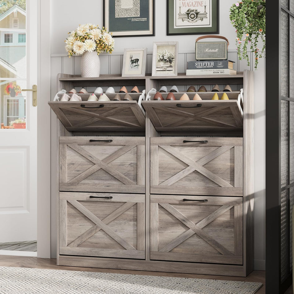 Maupvit Shoe Storage Cabinet with 2 Flip Drawers, Freestanding Shoe Organizer with Metal Legs for Entryway, Narrow Shoe Rack Cabinet, Rustic Brown