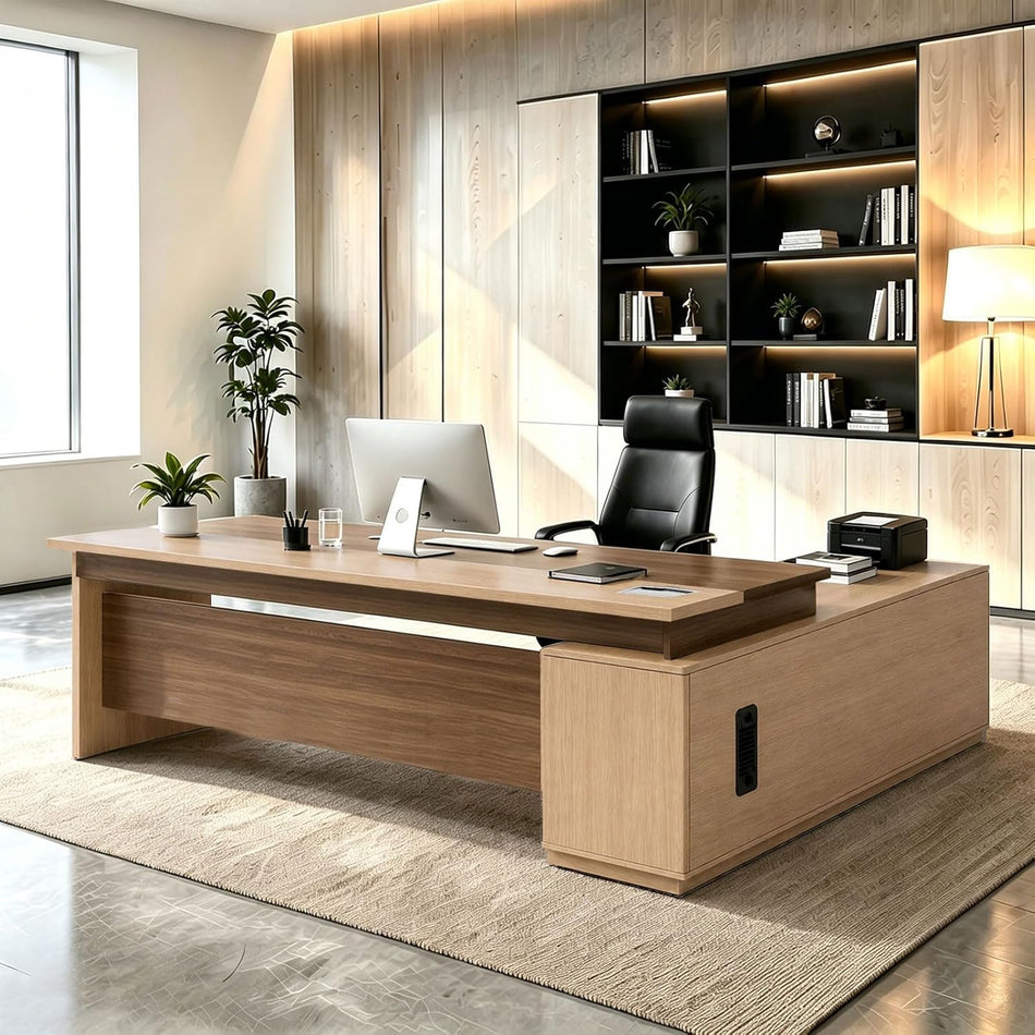L Shaped Executive Desk with Drawers, Large Wood Workstation, Modern Executive Office Furniture for Home Office and Business Workspace, Multiple Sizes & Colors