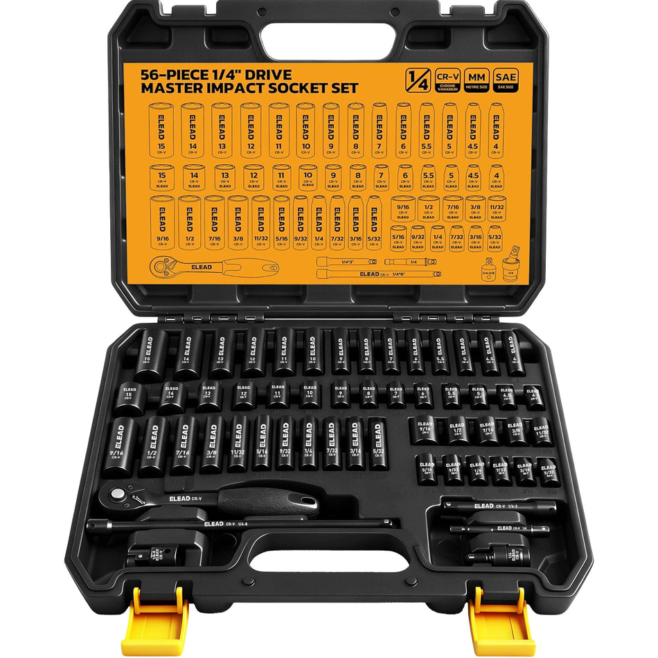 ELEAD 148-Piece Mechanics Tool Set, SAE/Metric 1/4" & 3/8" Drive Socket Set, Magnetic Nut Drivers, Ratcheting Wrenches, Extensions & Adapters, Quick-Release Ratchet, Mechanics Tool for Car Repair