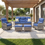 Luxury Swivel Rocker Chairs Fire Pit Set with 6" Thick Cushion 10 piece Wicker Outdoor Patio Chair with Sofa and Ottoman,Comfortable High Back Outdoor Patio Furniture Set - Brown | Gray