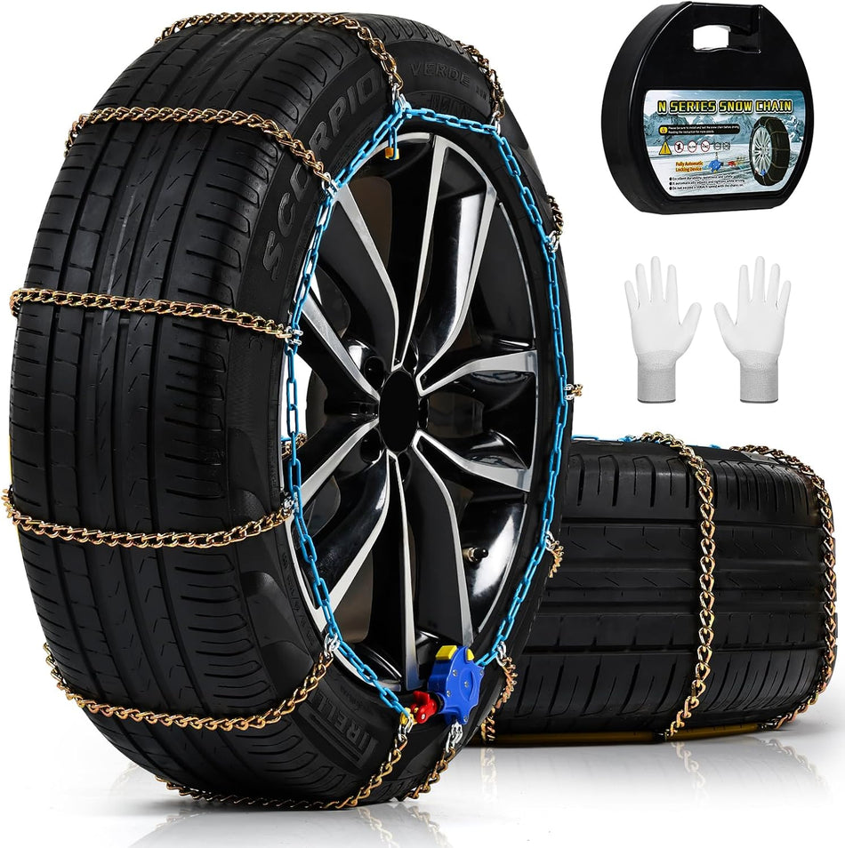 Auto Tightening Snow Chains for Cars, SUVs & Pickup Trucks – 1-Min Quick-Fit Auto Installation, Reusable Universal Emergency Traction Tire Chains – Set of 2（ALN90）