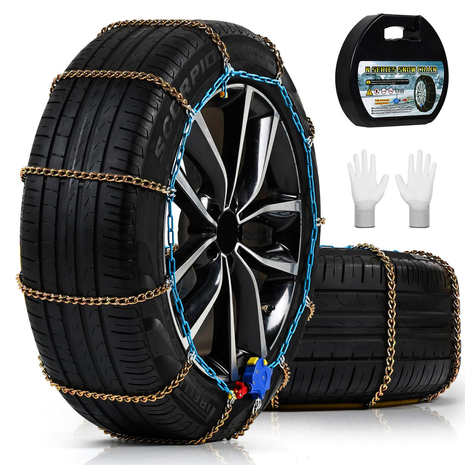 Auto Tightening Snow Chains for Cars, SUVs & Pickup Trucks – 1-Min Quick-Fit Auto Installation, Reusable Universal Emergency Traction Tire Chains – Set of 2（ALN90）