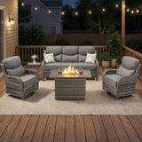 Luxury Swivel Rocker Chairs Fire Pit Set with 6" Thick Cushion 10 piece Wicker Outdoor Patio Chair with Sofa and Ottoman,Comfortable High Back Outdoor Patio Furniture Set - Brown | Gray