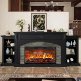 80" Fireplace TV Stand with Mantel, Navy Blue Entertainment Center with Brown Wood-Look Top & Gold Carved Accents, 30" Electric Fireplace Insert with Red Brick Interior, Fits up to 90" TVs
