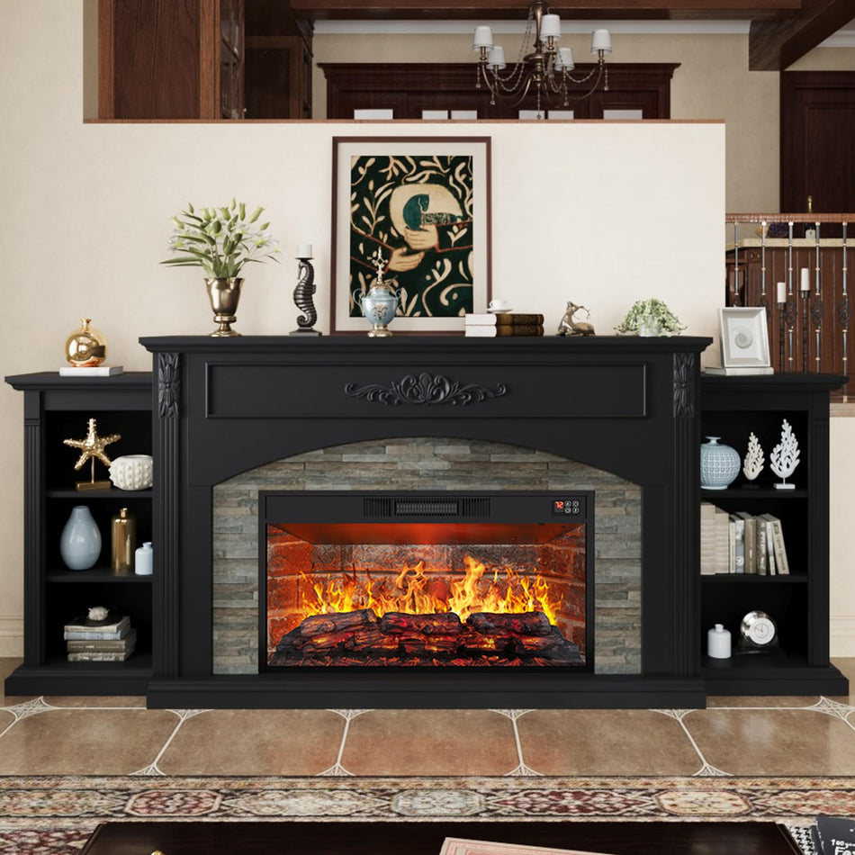 80" Fireplace TV Stand with Mantel, Navy Blue Entertainment Center with Brown Wood-Look Top & Gold Carved Accents, 30" Electric Fireplace Insert with Red Brick Interior, Fits up to 90" TVs