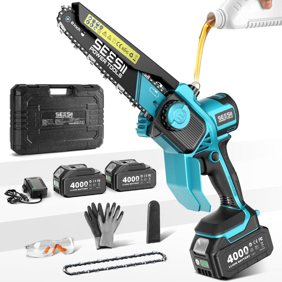 Seesii Mini Chainsaw, 6-inch Mini Chainsaw Cordless, Handheld Electric Power Chain Saw with 2 Batteries, for Tree Trimming Wood Cutting, Best Gifts for Father, Dad, Husband, Men