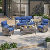 Luxury Swivel Rocker Chairs Fire Pit Set with 6" Thick Cushion 10 piece Wicker Outdoor Patio Chair with Sofa and Ottoman,Comfortable High Back Outdoor Patio Furniture Set - Brown | Gray