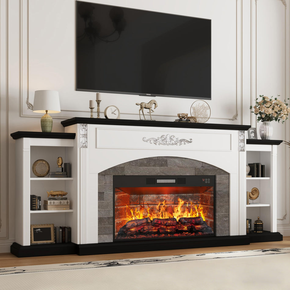80" Fireplace TV Stand with Mantel, Navy Blue Entertainment Center with Brown Wood-Look Top & Gold Carved Accents, 30" Electric Fireplace Insert with Red Brick Interior, Fits up to 90" TVs
