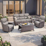 Luxury Swivel Rocker Chairs Fire Pit Set with 6" Thick Cushion 10 piece Wicker Outdoor Patio Chair with Sofa and Ottoman,Comfortable High Back Outdoor Patio Furniture Set - Brown | Gray