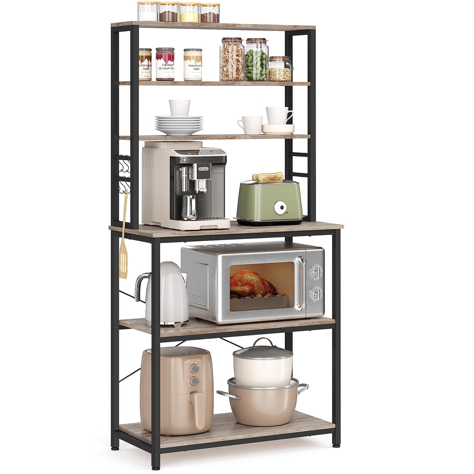VASAGLE Coffee Bar, 31.5 Inches Baker's Rack for Kitchen with Storage, 6-Tier Kitchen Shelves with 6 Hooks, Microwave Stand, Industrial, Rustic Brown and Black UKKS019B01