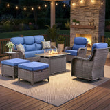 Luxury Swivel Rocker Chairs Fire Pit Set with 6" Thick Cushion 10 piece Wicker Outdoor Patio Chair with Sofa and Ottoman,Comfortable High Back Outdoor Patio Furniture Set - Brown | Gray