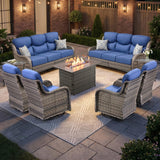 Luxury Swivel Rocker Chairs Fire Pit Set with 6" Thick Cushion 10 piece Wicker Outdoor Patio Chair with Sofa and Ottoman,Comfortable High Back Outdoor Patio Furniture Set - Brown | Gray